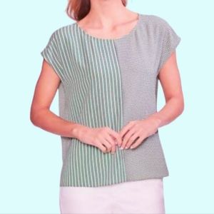 VINCE CAMUTO Aqua Blue Geometric Mix Stripe Print Short Cap Sleeve Boat Neck XS